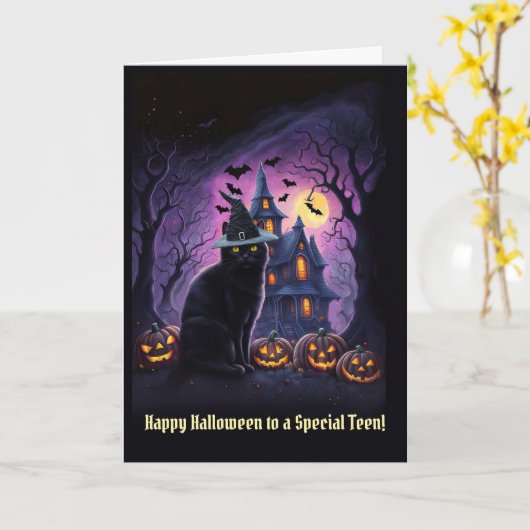 Carte Ado ou adolescents heureux Halloween Chat noir (Fleur jaune)