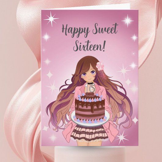Carte Adolescente heureuse de seize ans avec gâteau