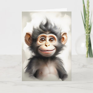 Carte Adorable Baby Monkey Portrait Blanc Salutation