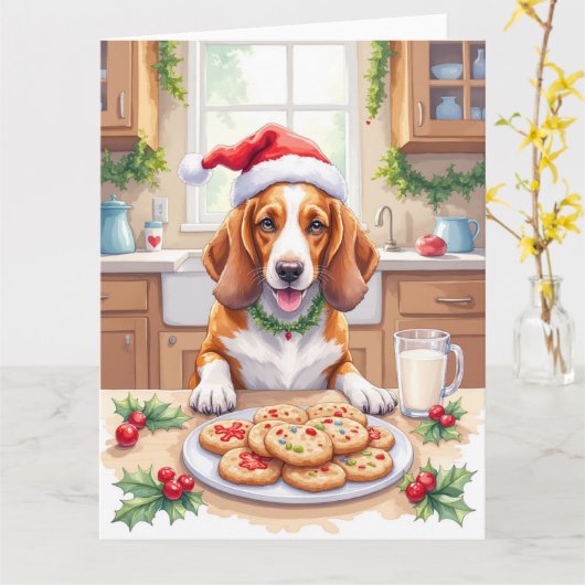 Carte Adorable Basset Hound Sneaking Christmas Cookies (Fleur jaune)