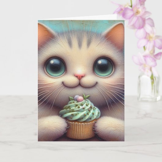 Carte Adorable Chat avec Cupcake Catnip Toutes les occas (Orchidée)
