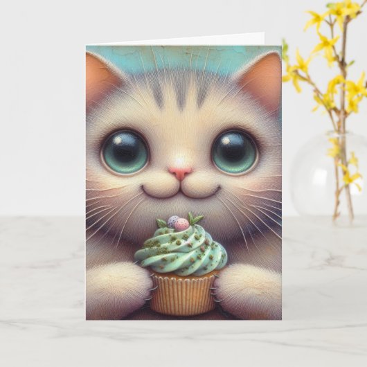 Carte Adorable Chat avec Cupcake Catnip Toutes les occas (Fleur jaune)