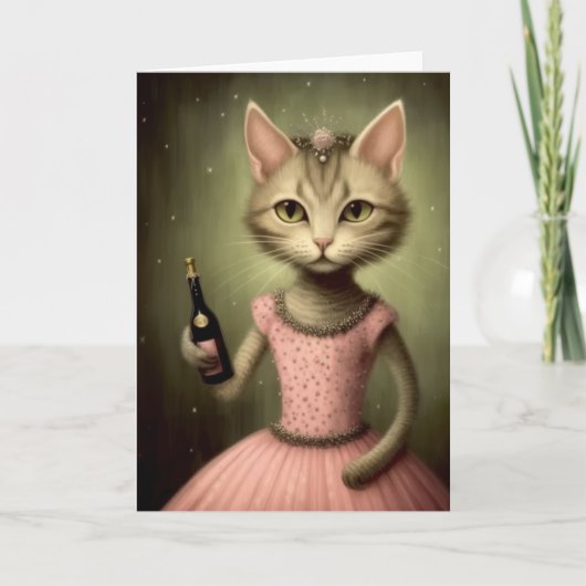 Carte Adorable Chat tient une bouteille de champagne (Devant)