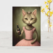 Carte Adorable Chat tient une bouteille de champagne (Fleur jaune)
