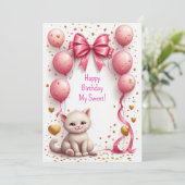 Carte Adorable Chaton Ballon Rose 🐱 (Debout devant)