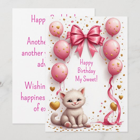 Carte Adorable Chaton Ballon Rose 🐱 (Devant / Derrière)