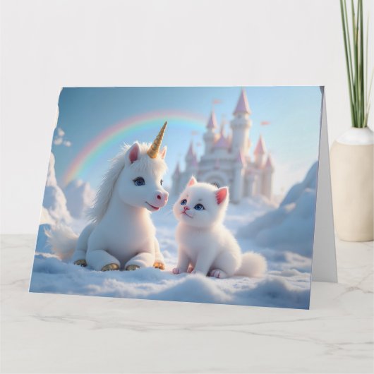 Carte adorable chaton blanc et bébé licorne (Devant)