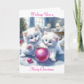 Carte adorable chatons blancs Noël rose (Devant)