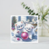 Carte adorable chatons blancs Noël rose (Debout devant)