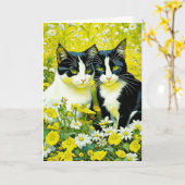 Carte Adorable Chats assis à Daisies Joyeux anniversaire (Fleur jaune)