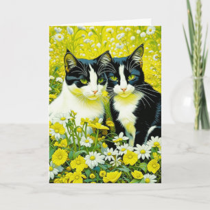 Carte Adorable Chats assis à Daisies Joyeux anniversaire