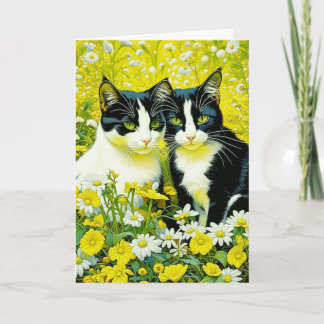 Carte Adorable Chats assis à Daisies Joyeux anniversaire