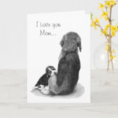 Carte adorable chiot beagle câlinant sa maman (Fleur jaune)