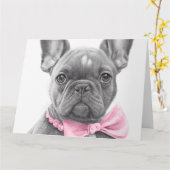 Carte Adorable chiot français bulldog avec un arc rose (Fleur jaune)