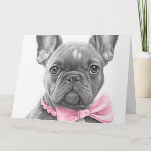 Carte Adorable chiot français bulldog avec un arc rose