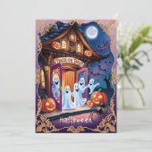 Carte Adorable Fantômes d'Halloween à la porte (Debout devant)