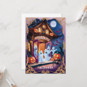 Carte Adorable Fantômes d'Halloween à la porte (Devant/Arrière en situation)