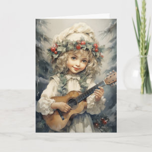 Carte Adorable fille avec un Noël de guitare