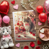 Carte Adorable Fluffy Kitten with Roses Valentine's Day