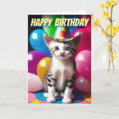 Carte Adorable Kitten Anniversaire Basson de ballon (Fleur jaune)