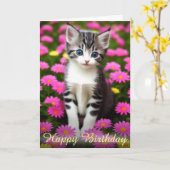 Carte Adorable Kitten en Fleurs roses Champ Anniversaire (Fleur jaune)