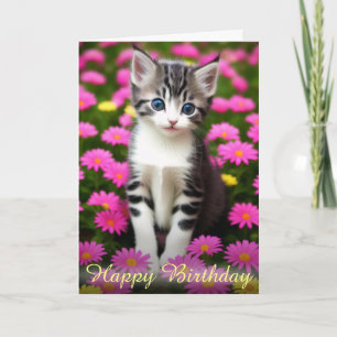 Carte Adorable Kitten en Fleurs roses Champ Anniversaire