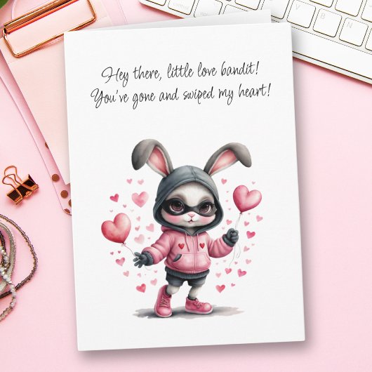 Carte Adorable Lapin Rose Voler Coeur Saint-Valentin