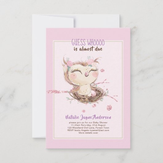 Carte Adorable OWL Baby shower Filles ou garçons Invitat (Devant)
