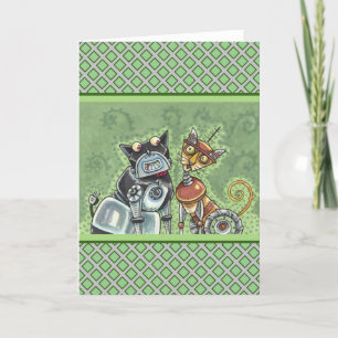 Carte ADORABLE ROBOT BULLDOG & FELINE AMI Funny Blank