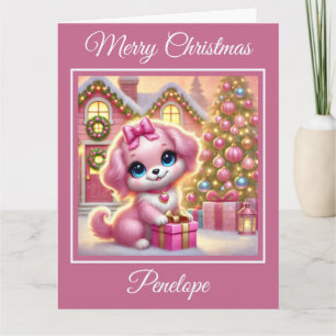 Carte Adorable rose chiot dans un chalet de Noël