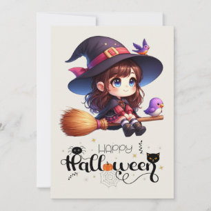 Carte Adorable sorcière mignonne avec 2 oiseaux, Happy H