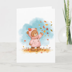 Carte Adorable Teddy Bear Girl Catching Feuilles d'autom