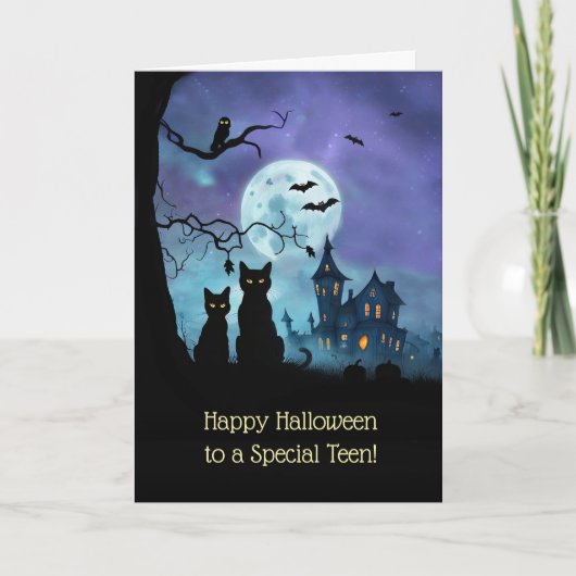 Carte Ados ou adolescents heureux Halloween Chats noirs (Devant)