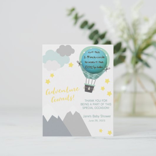 Carte Adventure Attend ! Baby shower EOS Lip Balm Favori (Debout devant)