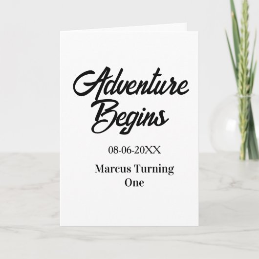 Carte Adventure begins 1st birthday name date simple min (Devant)