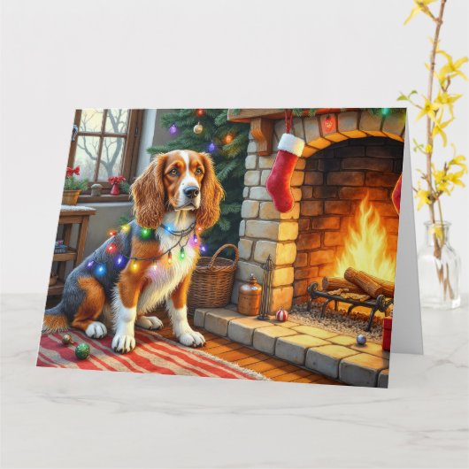 Carte Afghan Hound Fireplace with Christmas Lights (Fleur jaune)