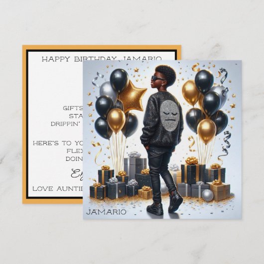 Carte African American Boy Black/Gold Anniversaire éléga (Devant / Derrière)