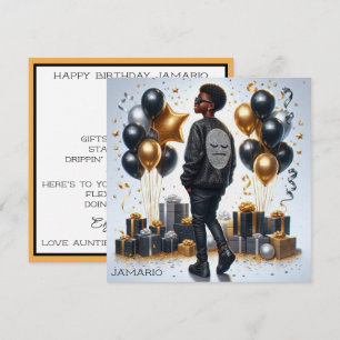 Carte African American Boy Black/Gold Anniversaire éléga