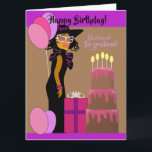 Carte African American Daughter & Cake<br><div class="desc">Cette carte présente une fille afro-américaine élégante avec robe noire,  casquette et lunettes. Obtenez cette carte mignonne pour votre fille. N'hésitez pas à customiser cette carte pour en faire votre propre carte.</div>