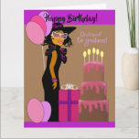 Carte African American Daughter & Cake<br><div class="desc">Cette carte présente une fille afro-américaine élégante avec robe noire,  casquette et lunettes. Obtenez cette carte mignonne pour votre fille. N'hésitez pas à customiser cette carte pour en faire votre propre carte.</div>