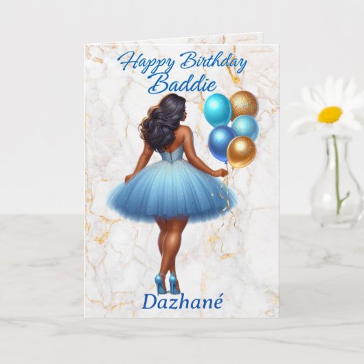 Carte African American Woman Blue & Gold Anniversaire (Petite plante)