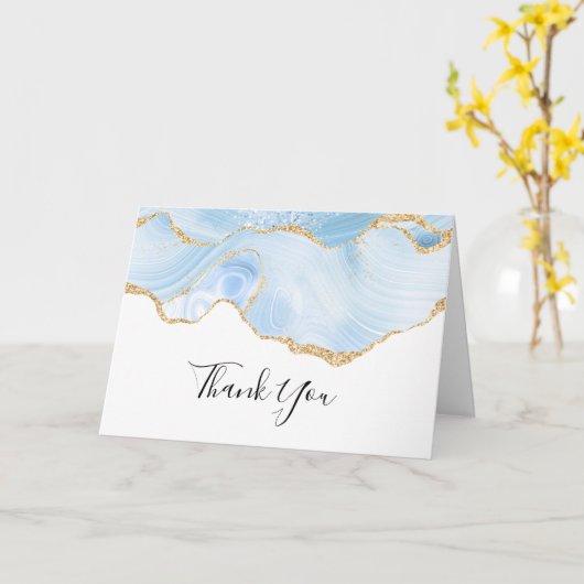 Carte Agate bleu cool avec Parties scintillant  or Merci (Fleur jaune)