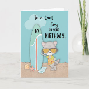 Carte Âge 10 Guy Anniversaire Plage Amusante Cool Raccoo