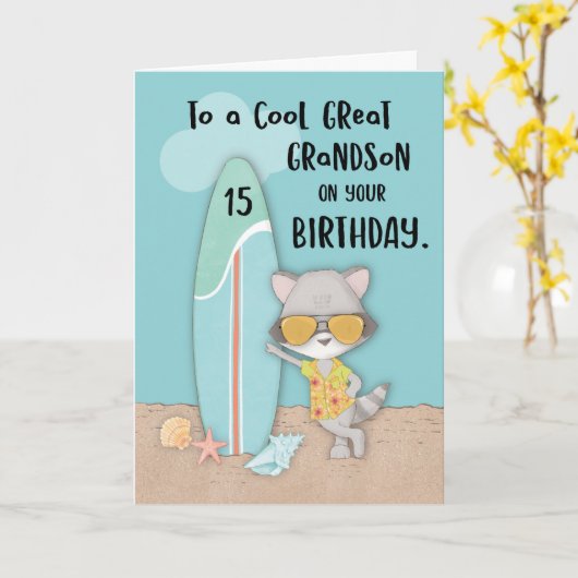Carte Âge 15 Grand-Petit-fils Anniversaire Plage Amusant (Fleur jaune)