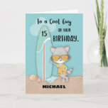 Carte Âge 15 Guy Birthday Beach Funny Cool Raccoon Card<br><div class="desc">Envoyez des voeux d'anniversaire cool et des voeux à un type que vous connaissez qui est sur le point d'avoir 15 ans. Cette carte vous permet de mettre son nom sur le devant juste en dessous du raton laveur cool et de sa planche de surf. Évitez la ruée et recevez...</div>