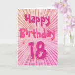 Carte Age 18 Fun 3D Rose Candy 18th Birthday Card<br><div class="desc">Age 18 Fun 3D Rose Candy 18th Birthday Card. Lignes radiales d'effet 3D de couleur rose vif design motif en rose, violet et rouge avec texte d'anniversaire heureux, numéro 18 et étoiles. Texte intérieur : "Je vous souhaite un très heureux 18ème anniversaire", Personnalisez le texte intérieur si vous le souhaitez....</div>