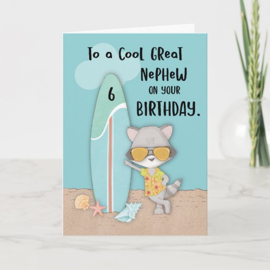 Carte Âge 6 Grand Nephew Anniversaire Plage Funny Raccoo (Devant)