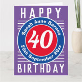 Carte Âge, nom et date pour un 40e anniversaire (Devant)