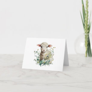 Carte Agneau de bébé adorable avec fleurs BLANC