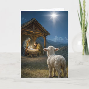 Carte Agneau de Noël regardant la crèche